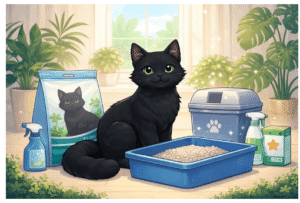 Black cat beside clean litter box